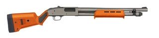 Pump action 12 gauge shotgun with Safety Orange furniture.